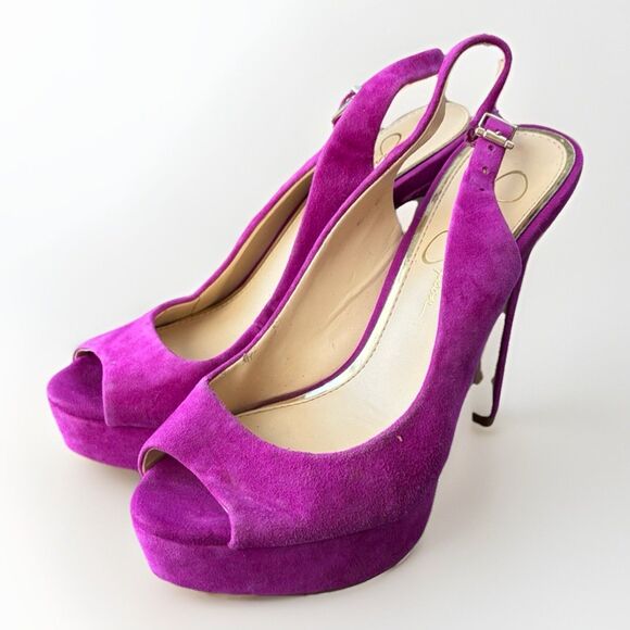 Jessica Simpson Fuchsia Platform Stilleto Heels Size 7 Suede Peep Toe - Picture 4 of 6
